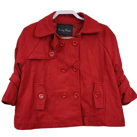 Ruby Rose Red Wool Peacoat Princess Short Ruffle Sleeve Double-breasted Pea Coat - Picture 1 of 8